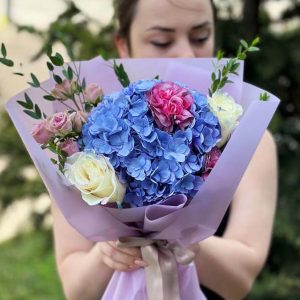 Hydrangea, Spray Roses, Roses, Dianthus, Eucalyptus Bouquet