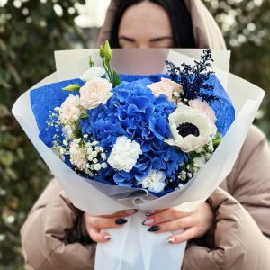 Image of the "Spring Floral Watercolor" bouquet, featuring hydrangeas, dianthus, anemones, spray roses, lisianthus, solidago, and gypsophila, creating an incredibly delicate and spring-like image.