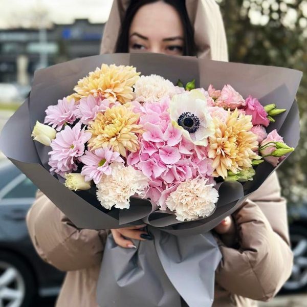 Image of "Harmony in Bloom" bouquet, showcasing hydrangeas, chrysanthemums, dianthus, anemones, and lisianthus in serene and vibrant colors, exuding an air of appreciation and optimism.