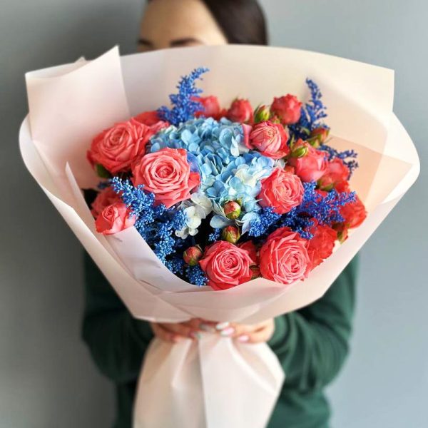 Harmony Bouquet: An exquisite arrangement showcasing hydrangea, solidago, and spray roses, creating a harmonious and elegant floral display.