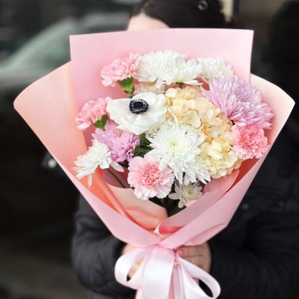 Blooming Garden Medley: A harmonious blend of hydrangeas, chrysanthemums, dianthus, and anemones.