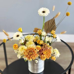 Harmony in Bloom Composition: a captivating blend of chrysanthemums, gerberas, spray roses, and dried flowers