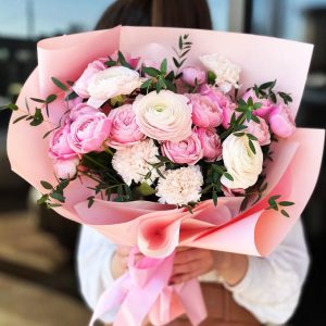 Elegant Spring Bouquet featuring spray roses, ranunculus, dianthus, and eucalyptus