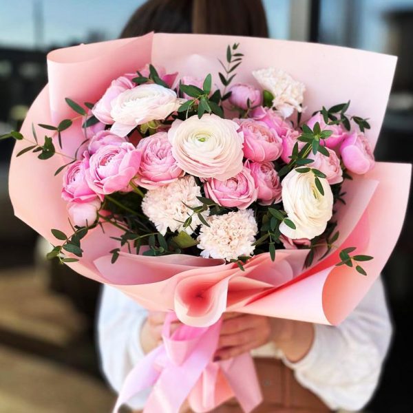 Elegant Spring Bouquet featuring spray roses, ranunculus, dianthus, and eucalyptus