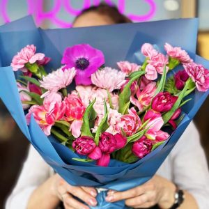 Blooming Meadow Bouquet featuring tulips, chrysanthemums, anemones, hydrangeas, and dianthus