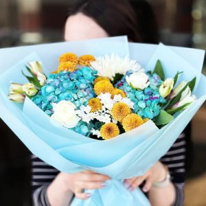 Ethereal Harmony Bouquet showcasing hydrangeas, chrysanthemums, alliums, astromerias, and ranunculuses.