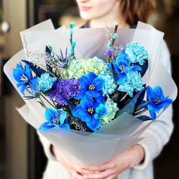 Spring Meadow Harmony Bouquet showcasing hydrangeas, tulips, dianthuses, eryngiums, chrysanthemums, and willow catkins for a whimsical and harmonious display.